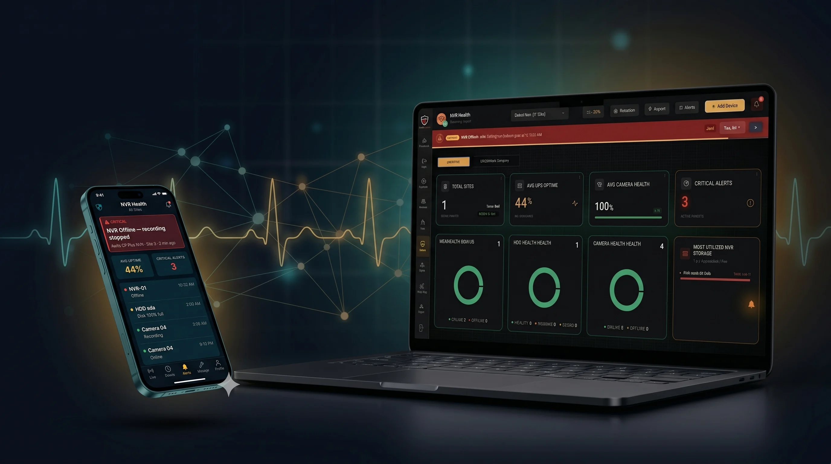 Tentovision NVR health monitoring dashboard showing recorder status, recording integrity, and storage across multiple sites